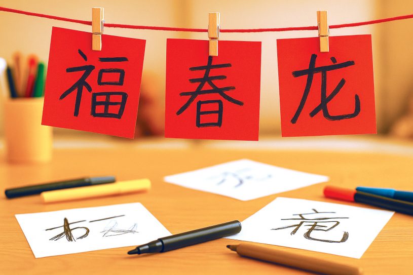 Guirlande de caractères chinois fabriquée par des enfants avec du papier rouge et du feutre noir pour le Nouvel An chinois.