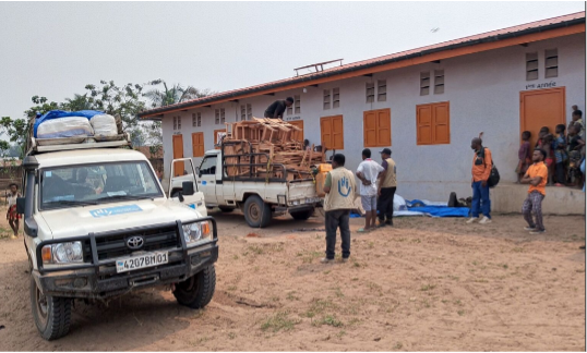Livraison de bancs adaptés à l’école Thiashima à Kananga, en RDC. © HI