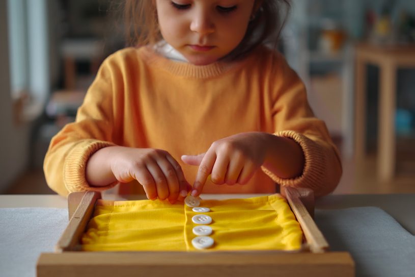 Enfant s'exerçant à boutonner un cadre d’habillage Montessori avec tissu jaune et boutons blancs