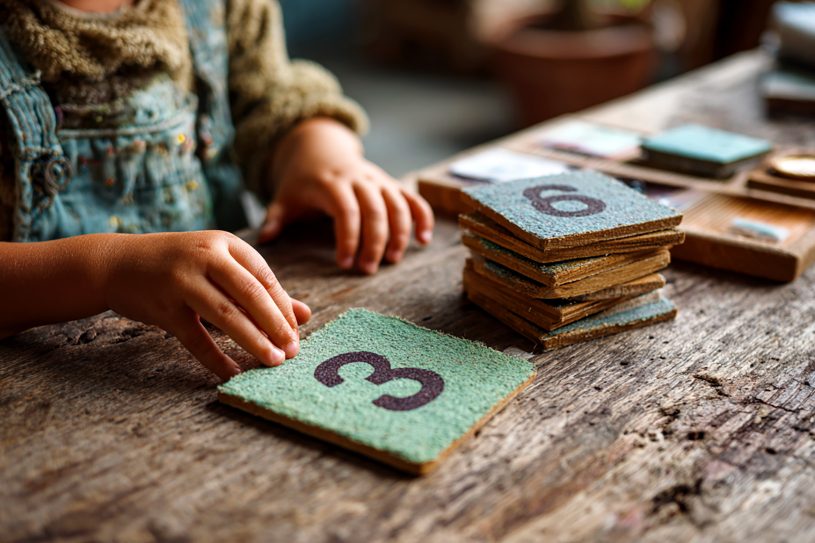 Enfant traçant le chiffre 3 sur une carte rugueuse Montessori, avec une pile de cartes chiffrées sur une table en bois