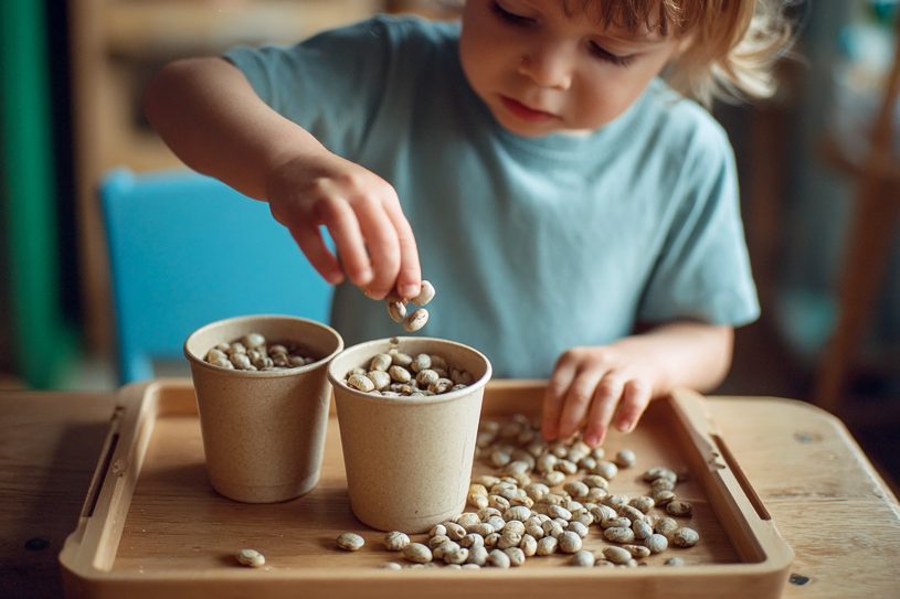 Enfant transvasant des graines entre deux gobelets dans une activité Montessori de motricité fine