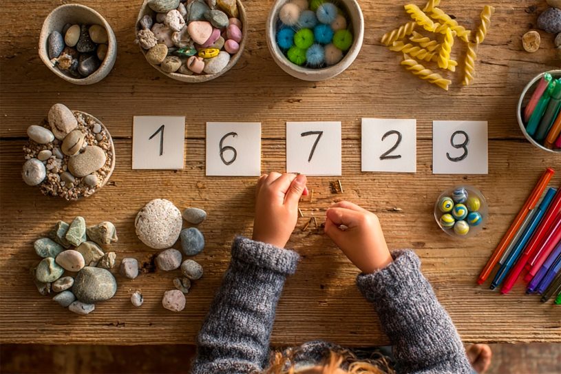 Enfant plaçant des objets en quantité correspondant aux chiffres sur des cartes Montessori, activité d’association nombre/quantité